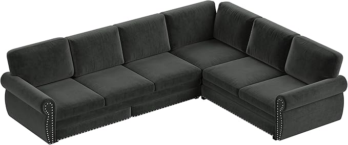 118 L Shaped Sectional Sleeper Sofa Couch with Pull Out Bed Oversized Chenille Convertible Sectional Couches with Nailhead Trim &amp Rolled Arm for Living Room Removable Sofa CoverDark Gray