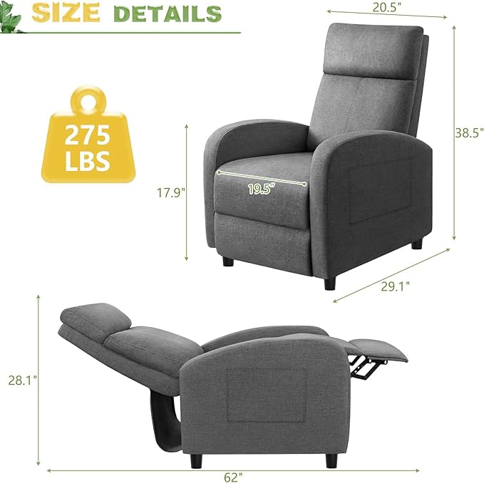 Furniwell Massage Recliner Chair for Living Room Adjustable Fabric Reclining Chair Home Theater Seating Modern Winback Single Sofa for Adults with Footrest (Gray)