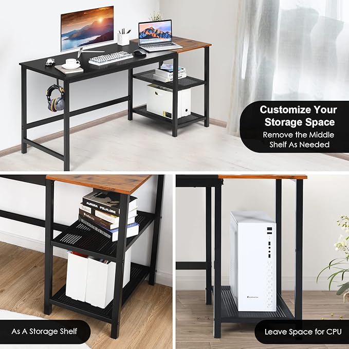 COSTWAY 59” Computer Desk with 2 Removable Storage Shelves Industrial Writing Workstation with Headphone Hook for Home Office Gaming Desk (Black)