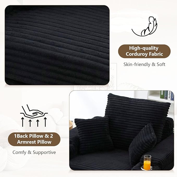 43.3”W Oversized Accent Chair with Ottoman &amp Storage Modern Corduroy Reading Chair with Cup Holder &amp Pillow Comfy Upholstered Deep Seat Armchair for Living Room Bedroom (Black)