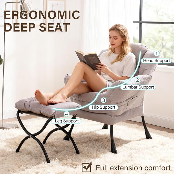 Welnow Lazy Chair with Ottoman Modern Accent Chair with Armrests and a Side Pocket Leisure Sofa Armchair Reading Armchair with Footrest for Small Space Light Grey