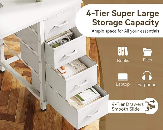 ODK 40 Inch Small White Computer Desk with 4 Fabric Drawers Modern Office Desk for Home Office Gaming with Storage Shelves Study White