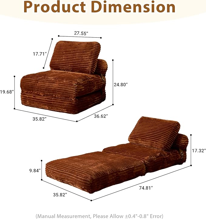 75'' Foldable Sofa Bed Convertible Sleeper Sofa with Pillow Boneless Corduroy Foldable Couch Bed Single Sleeper Chair for Small Spaces Living Room Bedroom StudioBrown