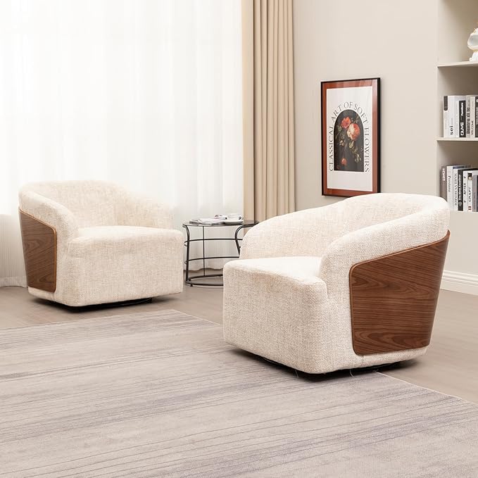 Swivel Accent Chair Linen Swivel Barrel Chair Comfortable Mid Century Modern Chair Upholstered Metal Base Armchair for Living Room Bedroom Office Large Vintage White