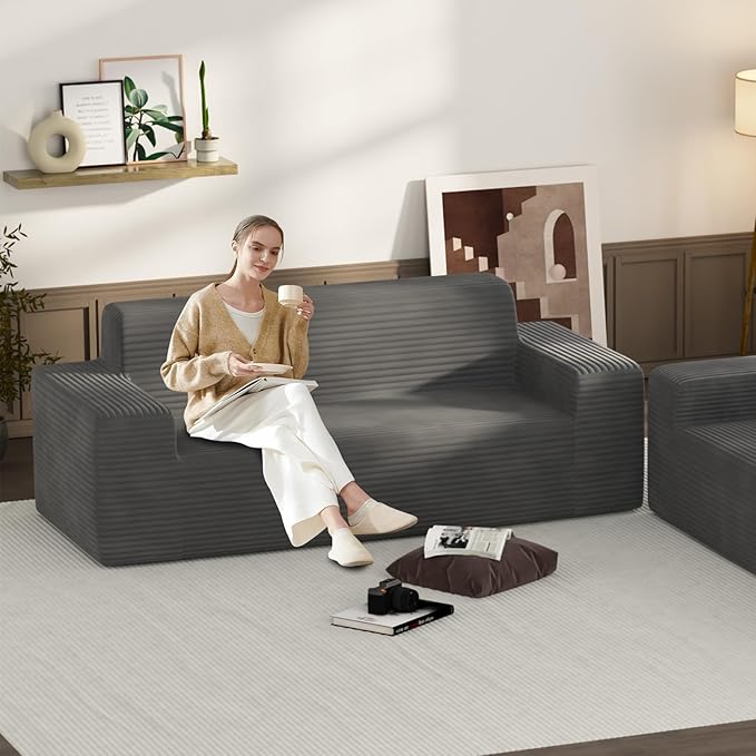 Vivvadecor 79 Corduroy Floor Foam Sofa Sofa-in-a-Box Modern 3-Seater Couch with 24 Deep Seat No Assembly Needed Sofas for Compact Living Room Apartment Home Office Deep Gray