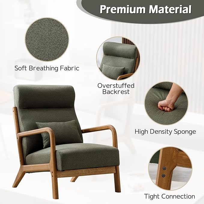 INZOY Mid Century Modern Accent Chair with High Back Upholstered Living Room Chairs with Waist Cushion Wood Frame Reading Armchair for Bedroom Sunroom Green