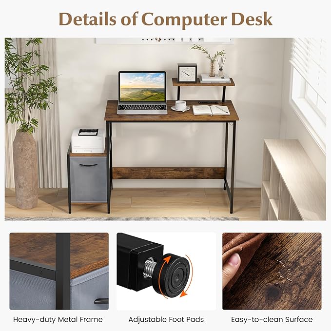 Tangkula Computer Desk with Charging Station Home Office Desk with Reversible Fabric Drawer Headphone Hook &amp Elevated Shelf Study Writing Table Industrial PC Workstation for Home