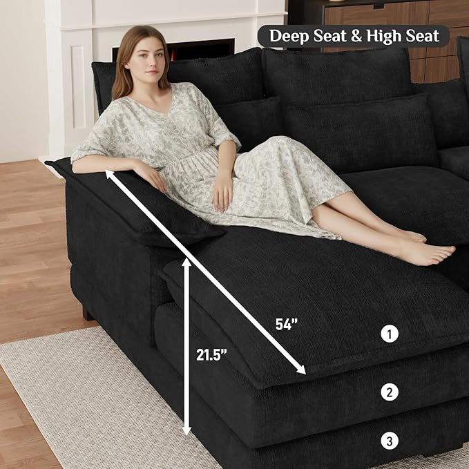 OUYESSIR 135 U Shaped Sectional Cloud CouchBlack Sectional Couches for Living RoomComfy Fluffy Chenille Oversized Cloud CouchModular Sectional Sofa with Central Console &amp Double Chaise Lounge