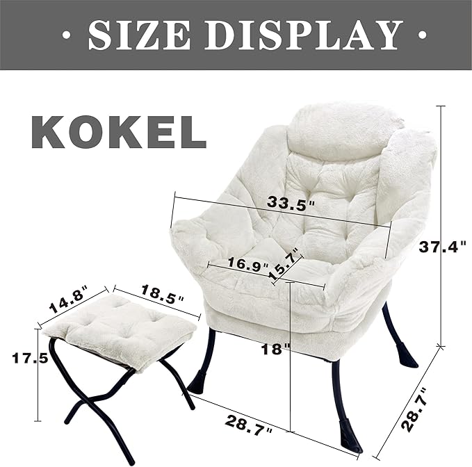 Kokel Lazy Chair with Folding OttomanLiving Room Chairs Accent Contemporary Lounge Chair Single Steel Frame Leisure Sofa Chair with Armrests and A Side Pocket (TM3WHITE)