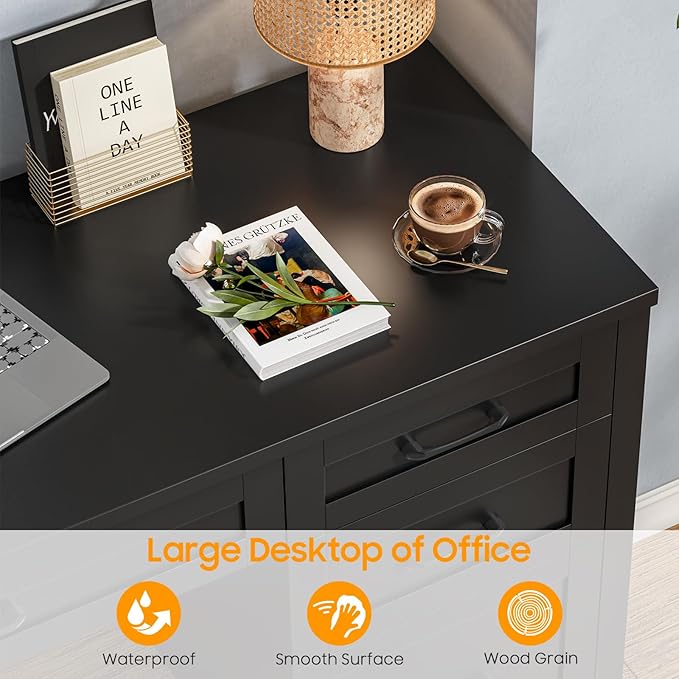 Farmhouse 47 Executive Desk with File Drawer Wood Computer Desk with 3 Storage Drawers Workstation for Home Office Study Writing(Pure Black)
