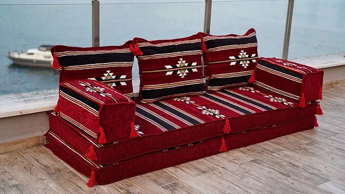 arabicsofa Maroon Turkish Low Floor Seating Sofa – Traditional Arabic Majlis Cushions