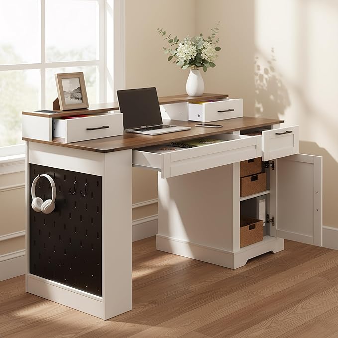 55 Office Desk with Storage Cabinet Charging Station Barn Door Computer Writing Desk with Keyboard Tray Monitor Stand and Pegboard for Study Living Room Home Office White