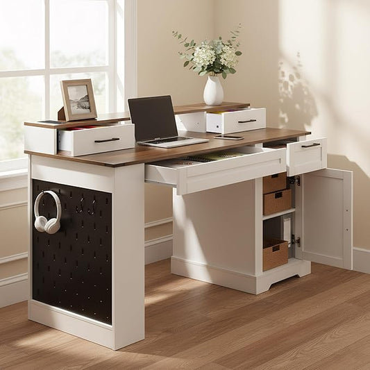 55 Farmhouse Computer Desk with Power Outlets Removable Monitor Stand with Drawers Convertible Keyboard Tray &amp Storage Cabinet Home Office Writing Desk with Pegboard Organizer