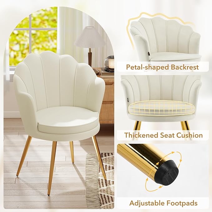 Furniliving Velvet Vanity Chair Shell Accent Chair for Living Room Upholstered Accent Chair with Gold Metal Legs Makeup Chair for Vanity Armchair Guest Chairs Side Chair for Bedroom (Khaki 1)