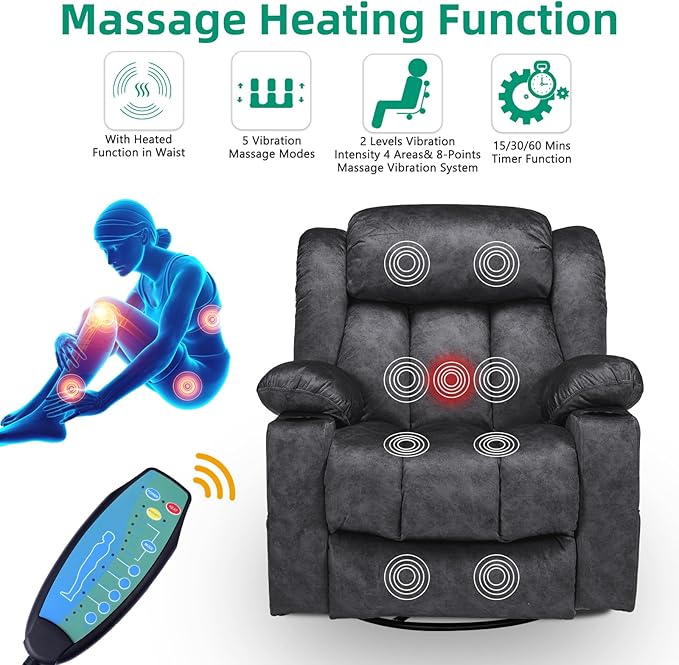 VIVIJASON 360° Swivel Rocker Recliner Chair for Adults Overstuffed Manual Glider Rocker Recliner with Heat &amp Vibration 2 Cup Holders Side Pockets &amp USB Ports for Living Room Plush Gray