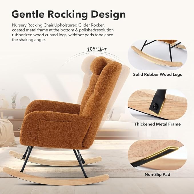 Nursery Rocking Chair Teddy Fabric Upholstered Glider Rocker with High Backrest Reading Chair Modern Rocking Accent Chairs Glider Recliner for Living Room Nursery Bedroom-Brown