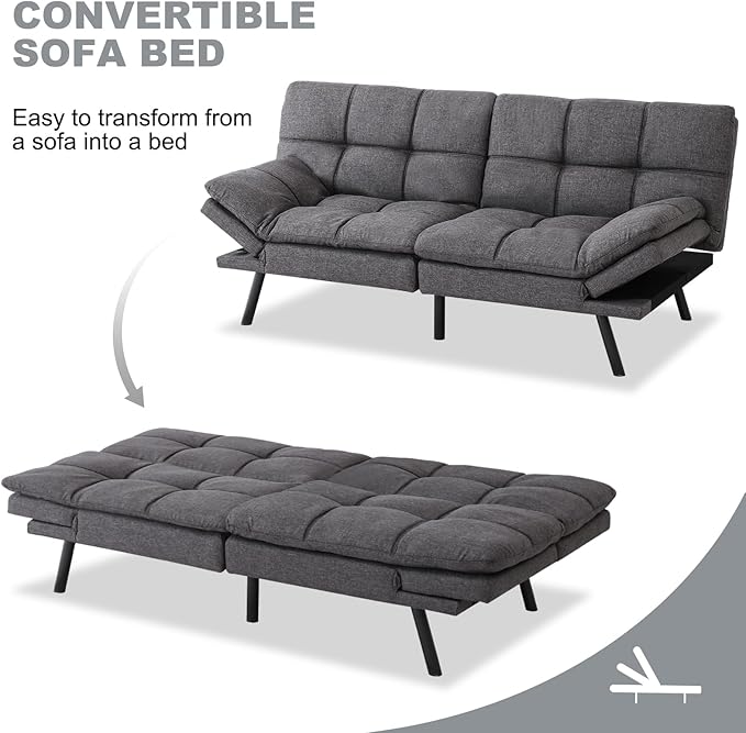 Futon Sofa Bed Convertible CouchMemory Foam Futon Sofa CouchSleeper Futons Sofa CouchesSmall Splitback Modern Loveseat Sofa Bed for Living RoomOfficeApartmentLinen FabricDark Gray.