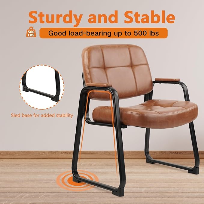 CLATINA Big &amp Tall 500 lb Waiting Room Chairs with Padded Armrests and Sled Base Leather Stationary No Wheels Office Reception Guest Chair for Lobby Home and Meeting Conference Brown (2 Pack)