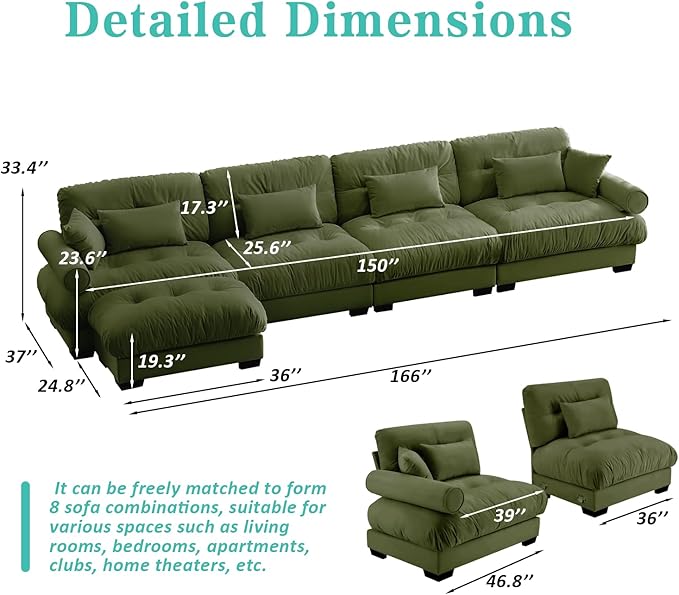 SoarFlash Sectional Couches for Living Room L Shaped Sofa Couch with Velvet Fabric 4 Seat Modern Sofa with Ottoman Removable Pillows for Apartment Green