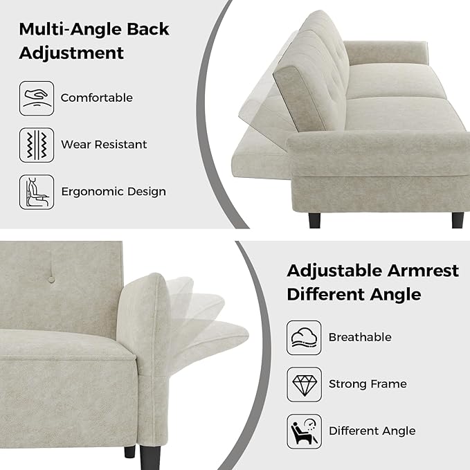 89” Futon Sofa Bed Comfy Futon Couch Bed with 2 Square PillowsConvertible Sleeper Sofa with Adjustable Backrest&amp Armrests Modern Loveseat Sleeper for Living RoomVelvet Fabric White