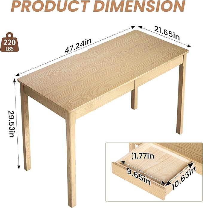 Solid Ash Wood Desk - 47.2 Inch Natural Boho Desks 220LBS Capacity Writing Desk with Drawers Simple Study Table Home Office Desks for Bedroom Living Room &amp Office