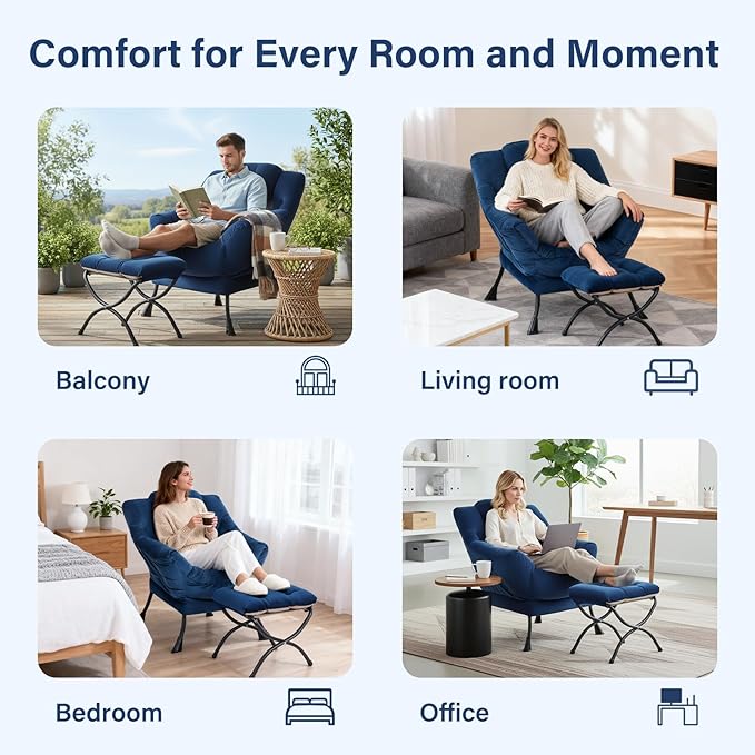 Lazy Chair with Ottoman Modern Accent Chair Sofa Chair with Armrests Reading Chair and Folding Footstool for Living Room Bedroom Office Royal Blue