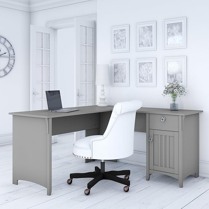 Bush Home L Shaped Desk with Storage for Home Office Modern Farmhouse Corner Table with Drawers and Cabinets Salinas Collection Cape Cod Gray