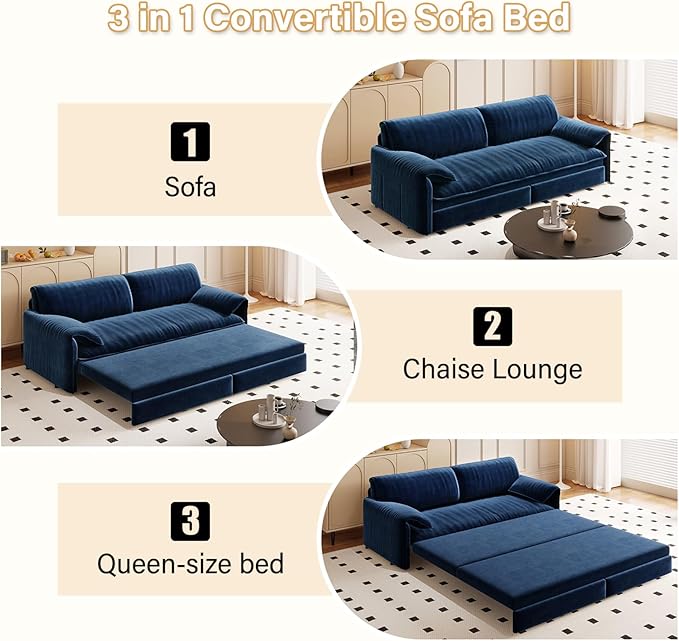 Newfun 66 Futon Sofa Bed 3 in 1 Convertible Sleeper Sofa with Side Storage Velvet Loveseat Bed Pull Out Sofa Bed for Living Room Small Space Bedroom Studio (Blue)