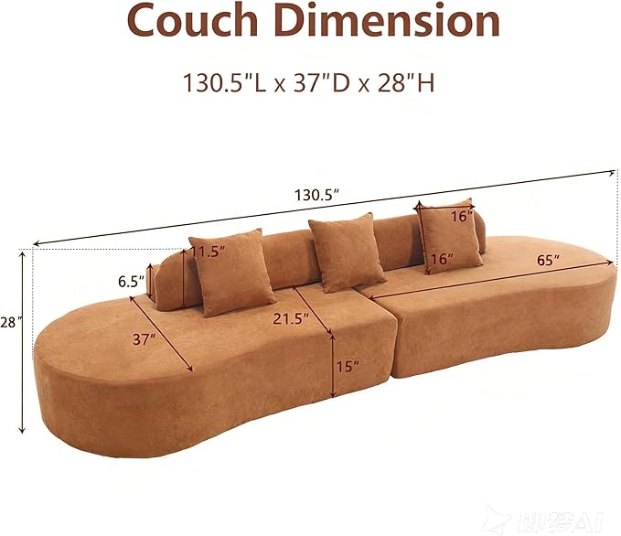 Txtin's 130” Boneless Sectional Couches for Living Room | Modern Curved Sofa Comfy Cloud Couch | Oversized Plush Modular Couch with 3 Pillows | Brown