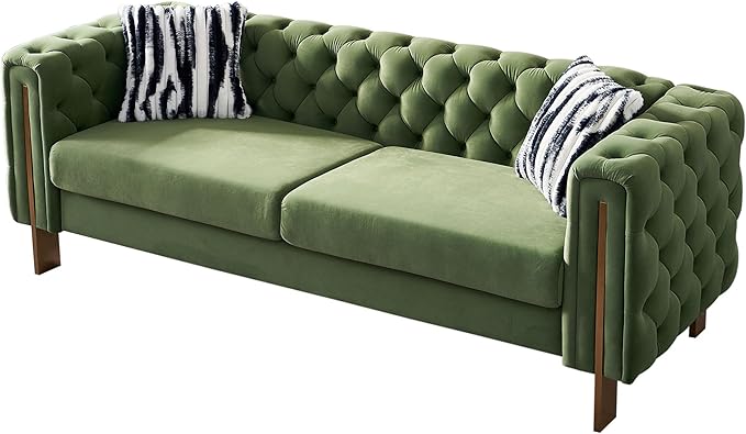 Chesterfield Modern Tufted Velvet Living Room Sofa with High Armrest and Metal Legs Decor 84.25''W 3 Seater Couch Couches Furniture for Bedroom Office (Mint Green)