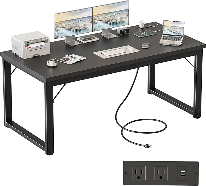 Mericonia 54 Inch Computer Desk with Power Outlets 1.2 Thick Heavy Duty Industrial Office Desk Modern Simple Study Writing Table for Home Office Bedroom Workstation Black