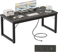 Mericonia 54 Inch Computer Desk with Power Outlets 1.2 Thick Heavy Duty Industrial Office Desk Modern Simple Study Writing Table for Home Office Bedroom Workstation Black