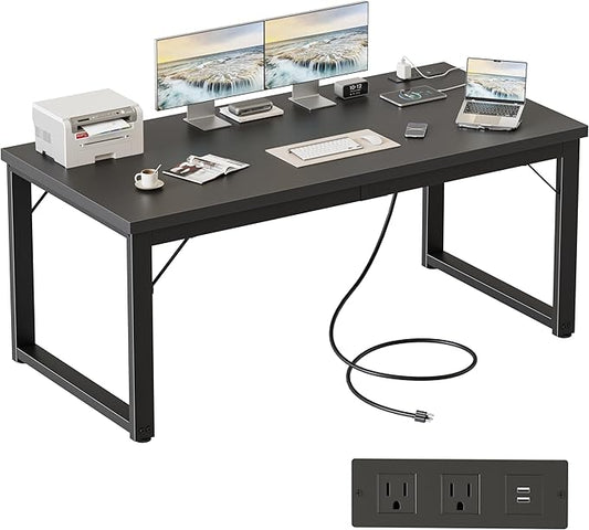 Mericonia 54 Inch Computer Desk with Power Outlets 1.2 Thick Heavy Duty Industrial Office Desk Modern Simple Study Writing Table for Home Office Bedroom Workstation Black