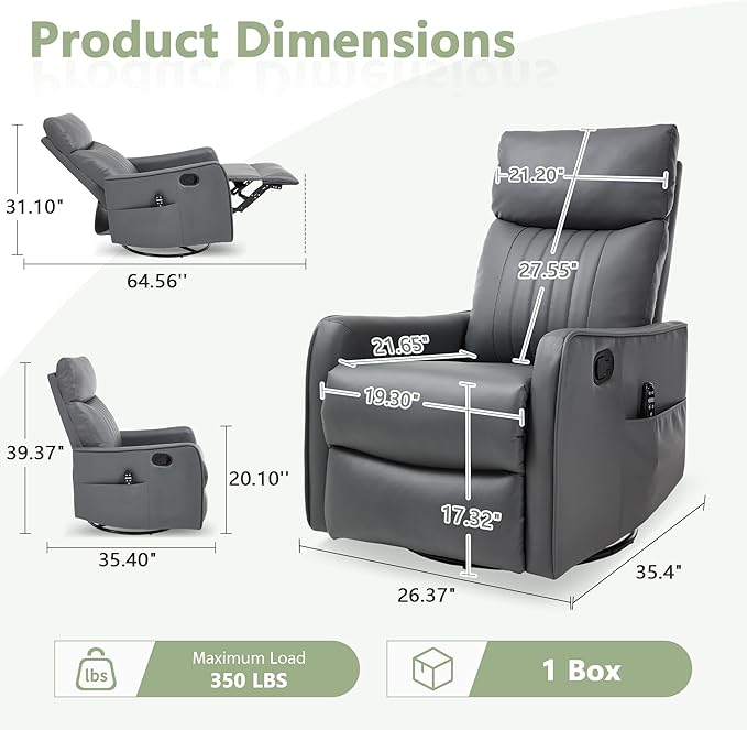 cinkehome Heated Massage Swivel Rocker Recliner Chair for Nursery - Small Space Reclining Chair with Lumbar Support 360° Swivel &amp Gentle Rocking Ergonomic High Back Faux Leather Gray