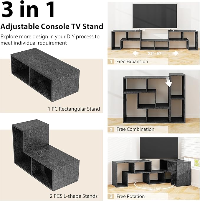 Tangkula 3 Pieces Console TV Stand Free-Combination Entertainment Center for 50 55 60 65 Inch TV Minimalist Modern TV Table Media Stand DIY Open Storage Bookcase for Living Room (Black Wood Grain)