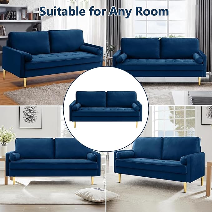65 Love Seat Sofa Velvet Small Sofa Small Couch for Bedroom Living Room Bedroom Loveseat with 2 Pillows Gold Legs Modern Tufted Seat Upholstered Seating for Office Apartment (Blue)