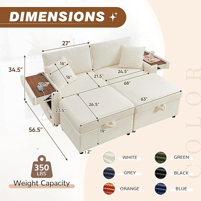 Chaise Lounge Chair Indoor 68 W Corduroy Loveseat Sectional Couch with Sorage Ottoman/Wing Table/Charge Ports/Cup Holder Modern Comfy Deep Seat Reading L-Shape Sofa for Living Room White