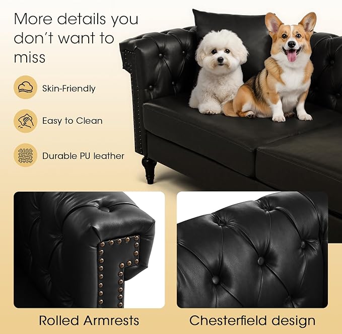 99.4 Inch 5 Seat L Shaped Couch Faux Leather Sectional Couch with Three Pillows Chesterfield L Shaped Sofa PU Leather Sectional Couches for Living Room Black