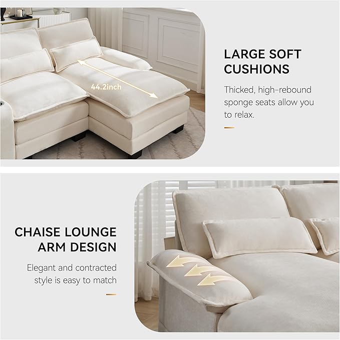 125'' U Shaped Cloud Modular Sectional Sofa with Chaise Lounges Chenille Upholstered Comfy Couch with Storage Console USB Charging Ports &amp Cup Holders Small Deep Seat Sofa for Living Room Beig