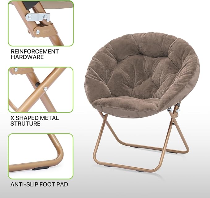 Magshion Folding Saucer Chair for Adults with Ottoman Circle Reading Chair for Bedroom Living Room &amp Dorm Furry Comfy Accent Seat with Metal Leg &amp Thick Padded for Small Spaces (Beige 1 Pa