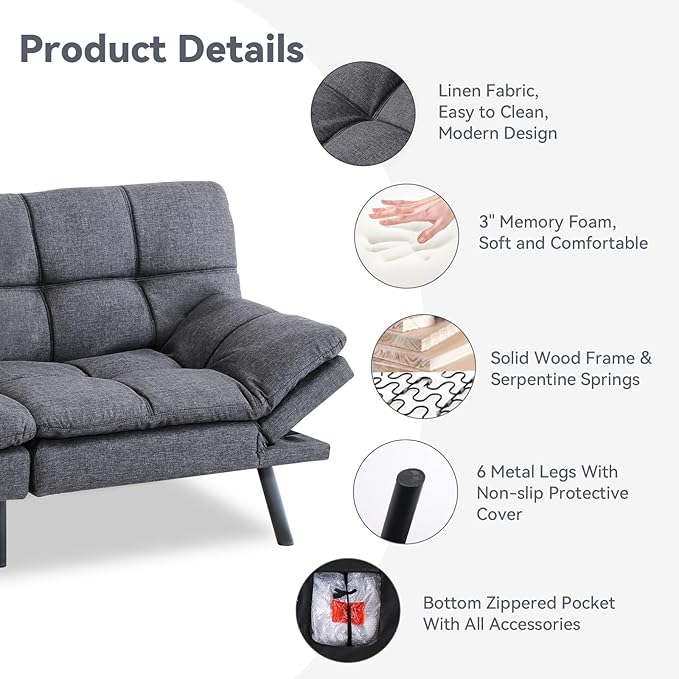 71 Convertible Futon Sofa BedLinen Fabric Futon Couch BedMemory Foam Sleeper SofaModern Folding Small Loveseat for Living RoomOfficeApartmentRetro Grey