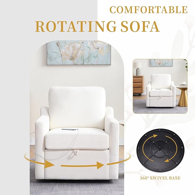 Swivel Accent Chair 360° Swivel Comfy Upholstered Seat for Living Room Bedroom Office with Hidden Storage &amp Dual USB-C Ports Chenille Fabric 300lbs Capacity White