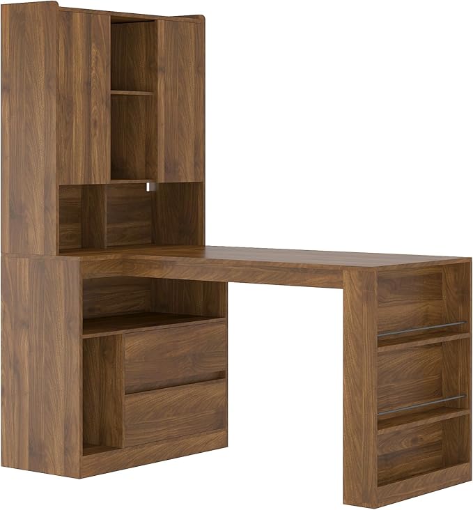 L Shaped Desk Computer Desk with Drawers Bookshelf LED Light Modern Corner Desk Home Office Desk L-Shaped Study Table Writing Desk Corner Gaming Computer Desk with Storage (Wood-D)
