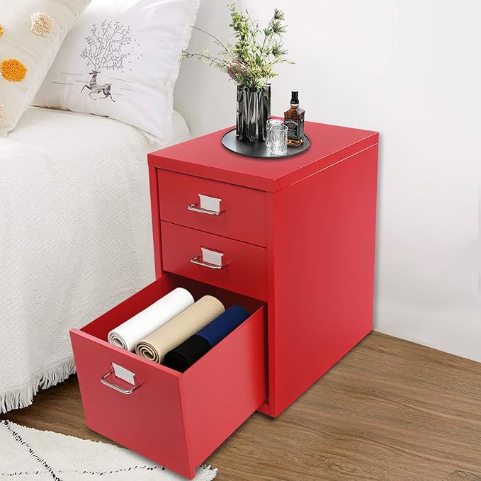 3 Drawer Mobile File Cabinet Rolling Filing Cabinet with Wheels for Documents Supplies (Red)