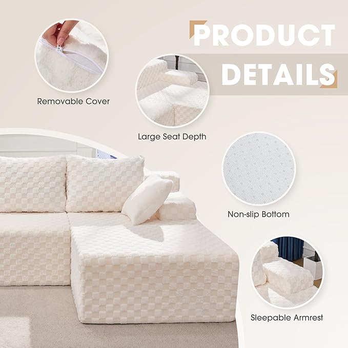 Modular Sectional Sofa Couches L-Shape Couch 3 Seat Modular Sofa Memory Foam Sectional Couches for Living Room Cloud Couch with Oversized Chaise (White Check 96 Right Facing Chaise)