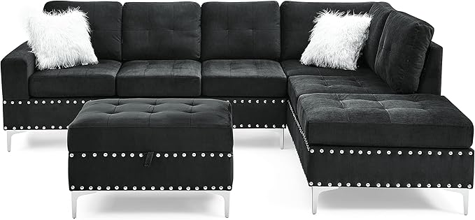 Living Room Furniture Sets L-Shape Sectional 5-Seater Sofa with Extra Wide Reversible Chaise Storage Ottoman and Cup Holders and Copper Nails 2 Pillows Black