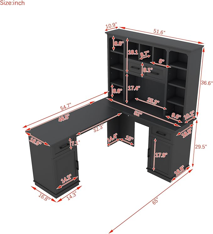 L-Shaped Gaming Desk with Hutch Corner Desk with Drawers and Cabinet Home Office Computer Desk with Open Storage Shelves Multi-functional Writing Desk for Study Room Bedroom Living Room Black