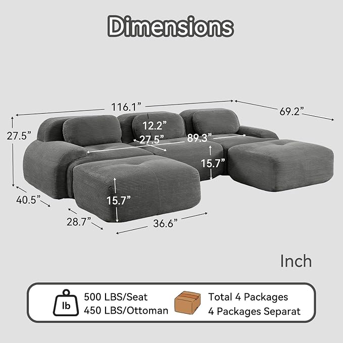 116.1 Modular Sectional Sofa Boneless Cloud Couch 3-Seater Deep Seat Cloud Couch Luxury Corduroy Fabric Sofa for Living Rooms Bedrooms Apartment (Grey 116.1inch+2Ottoman)