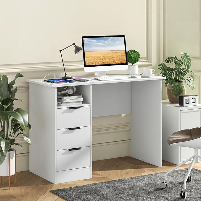 Computer Desk with Drawers 42.5’’ White Desk with Storage Shelf &amp Built-in Power Outlet Wood Vanity Makeup Table Small Desk for Bedroom Living Room Study Home Office
