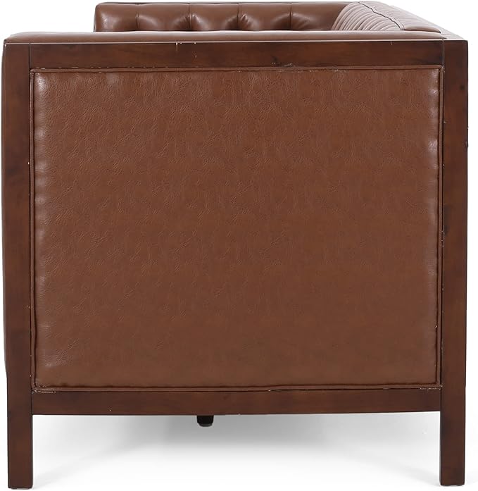 Merax 79 Inch Modern 3-Seater Sofa Button Tufted Upholstered Couch with Tuxedo Arms &amp Rubberwood Frame Low Profile Mid-Century Sofa for Living Room Light Brown
